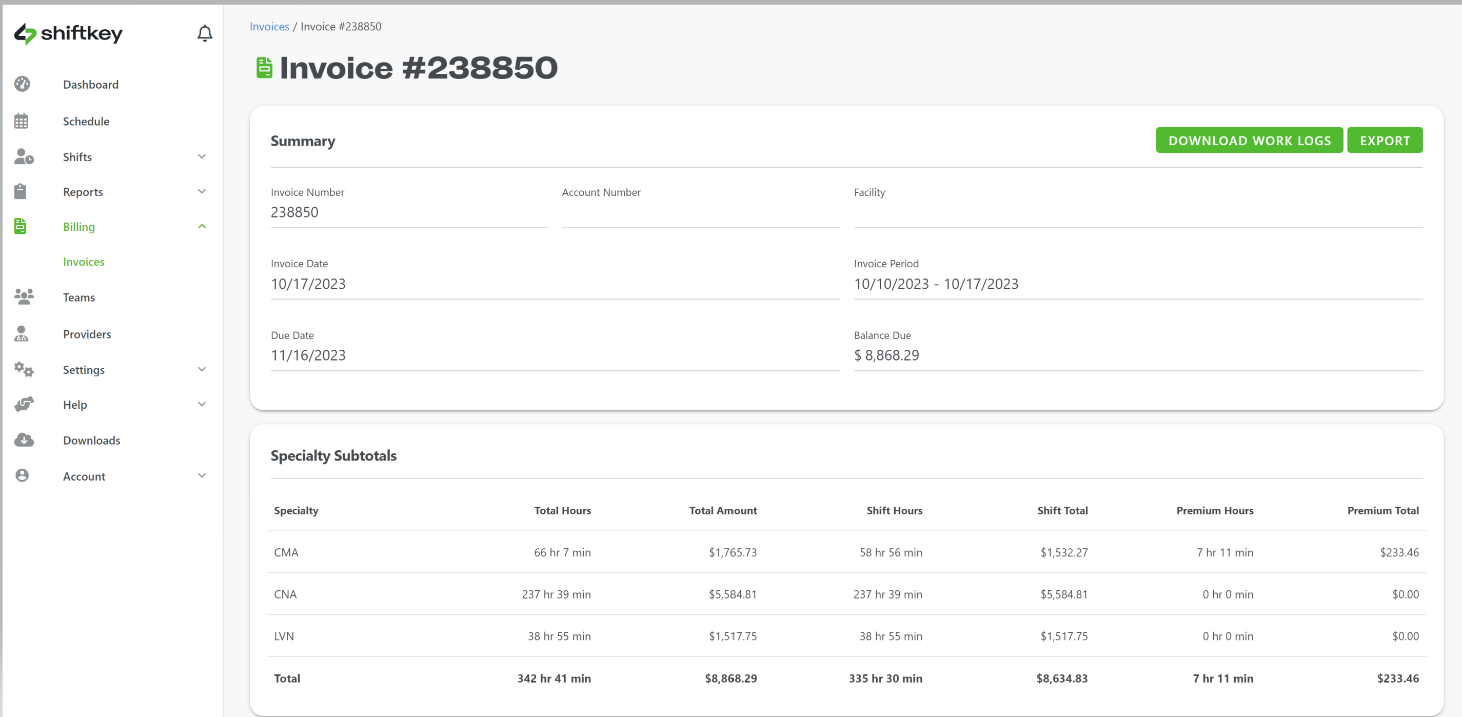shift invoice screenshot