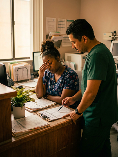 nurse in office looking burned out
