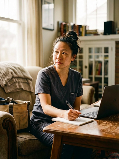 nurse watching webinar and taking notes in lounge
