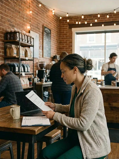 Nurse in coffee shop looking at document