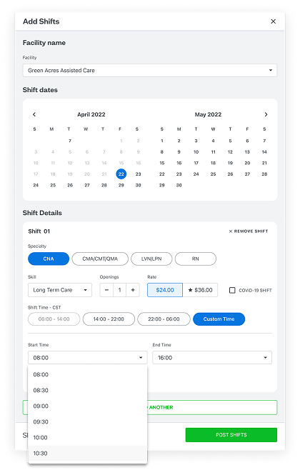 An image of ShiftKey's custom shift times UI
