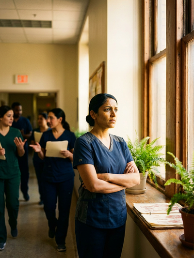 stressed female nurse looking out window