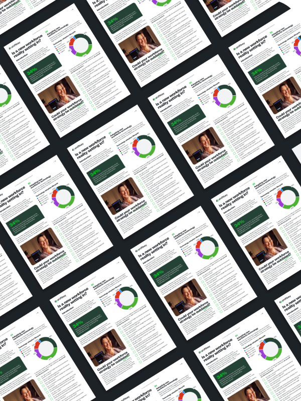 A flatlay of multiple covers of ShiftKey's "Is a New Workforce Reality Setting In?"