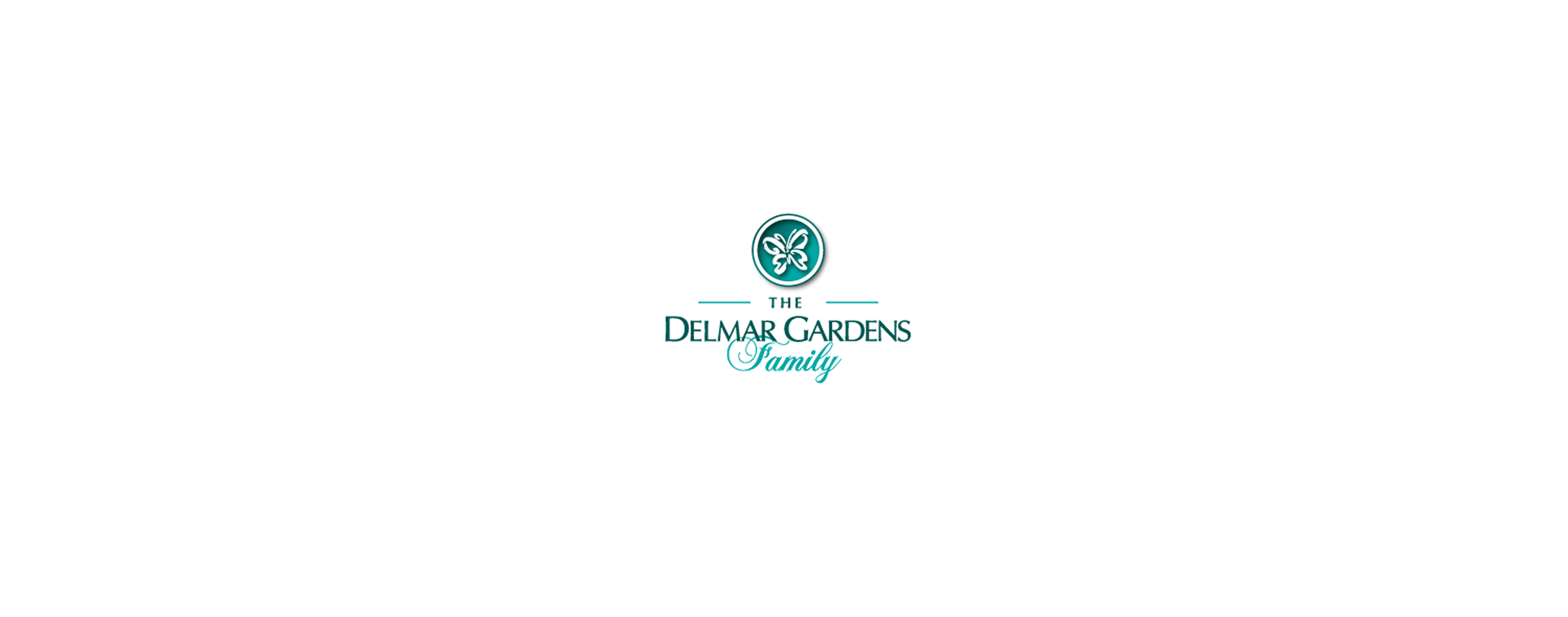 Stylized butterfly on a circular teal background hovering over text reading The Delmar Gardens Family.