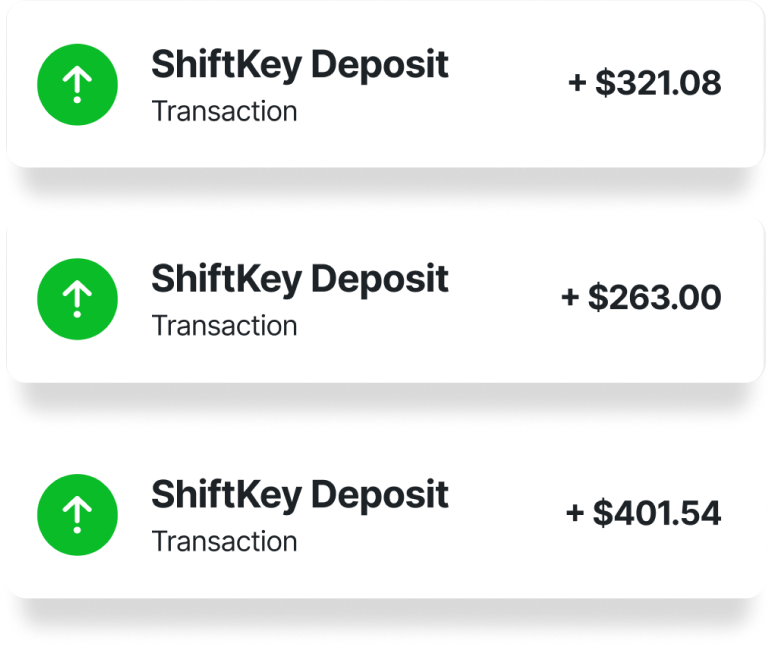ShiftKey app UI showing deposits
