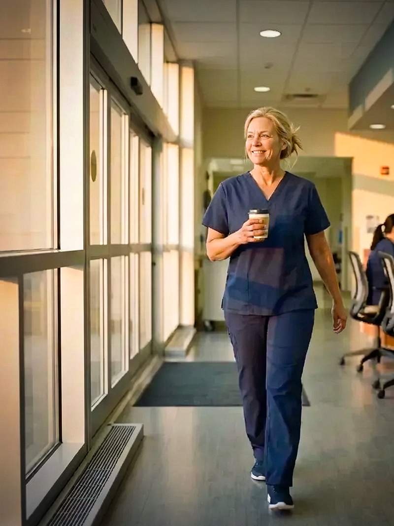 A smiling nurse who uses ShiftKey walks along a wall full of windows in a hospital, holding a cup of coffee.