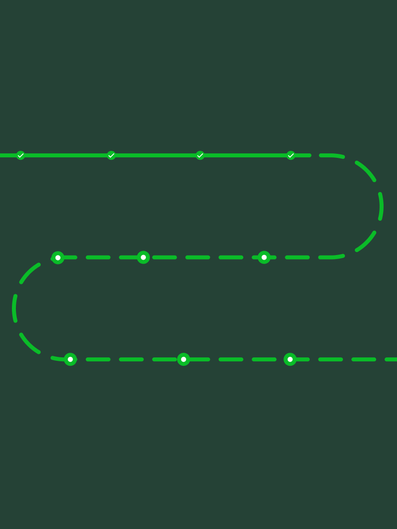 Dark green background, with a solid bright green line indicating ShiftKey app features that have already been delivered, a bright green broken line indicating features on the way.
