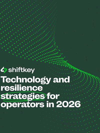 The text "Technology and resilience strategies for operators in 2026," in white over a dark green background, with a twisted bright green dot matrix.