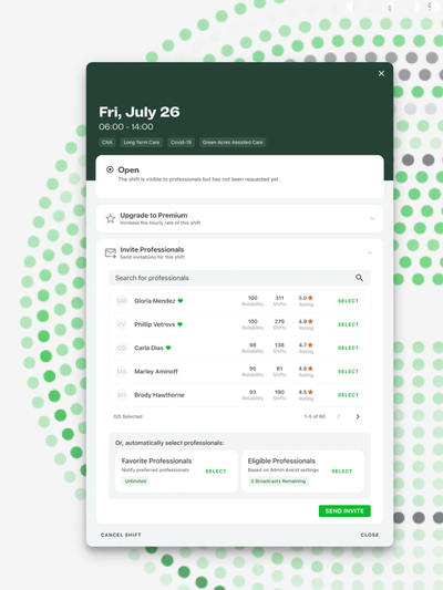ShiftKey's Direct Connect UI over a dot matrix with several shades of green and gray.