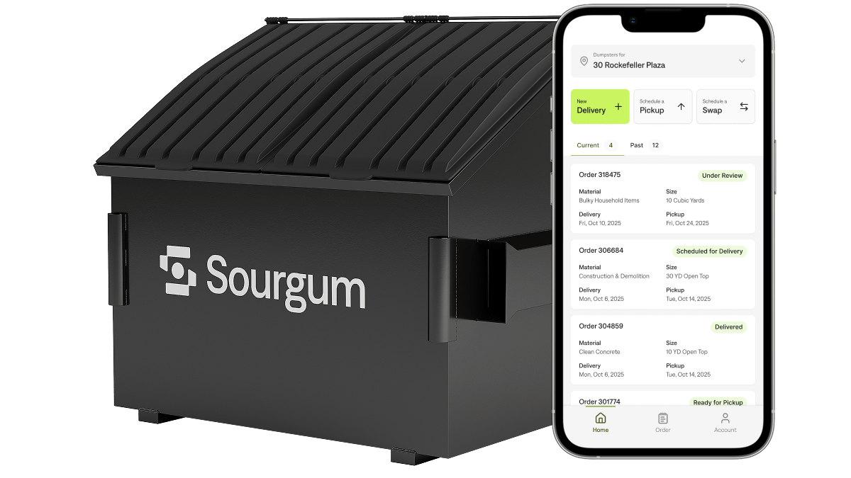 Sourgum front yard dumpster with mobile phone