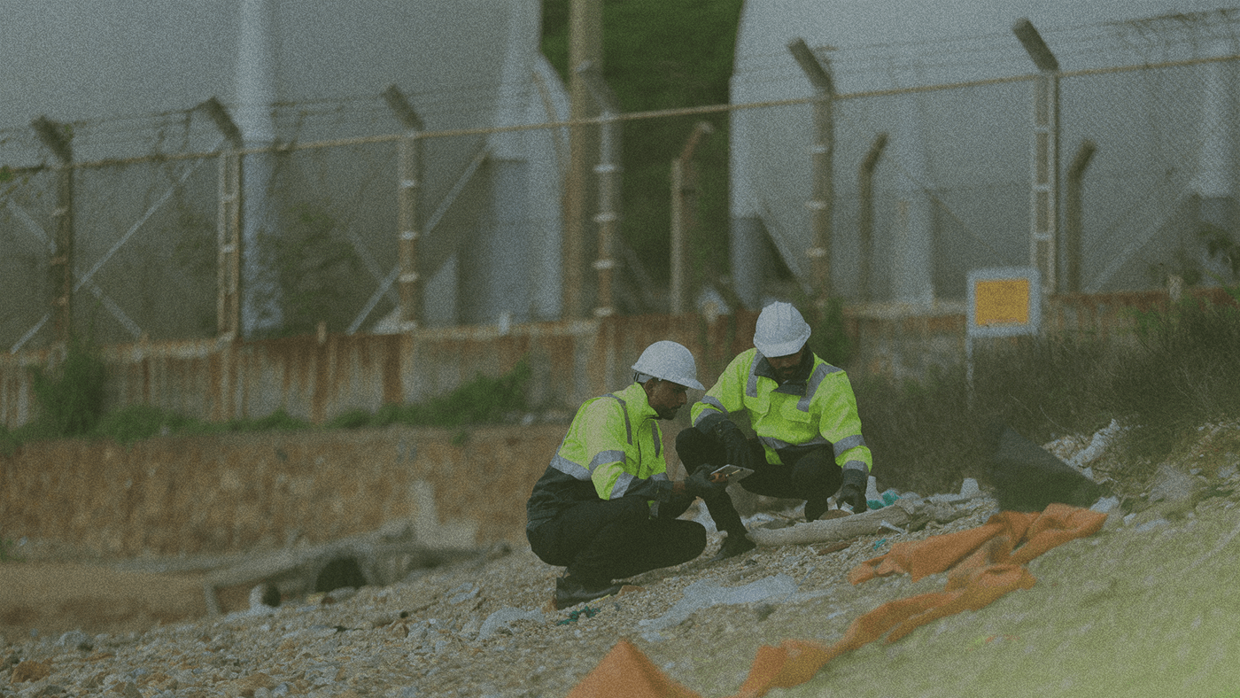 Two workers in high-visibility jackets and helmets inspect debris on a rocky shore near industrial tanks and a fenced area.