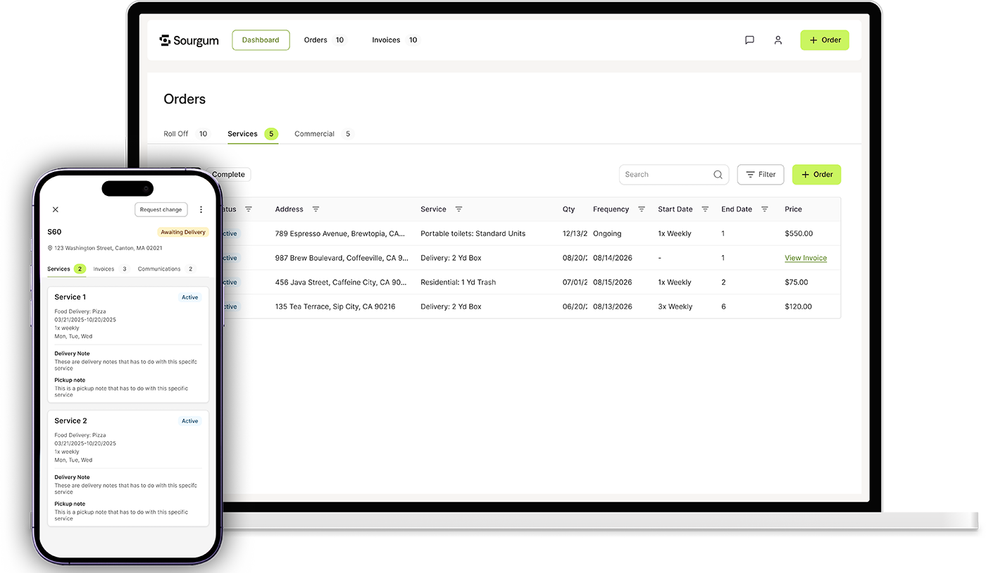 Sourgum Customer Portal showing subscriptions view on desktop and mobile