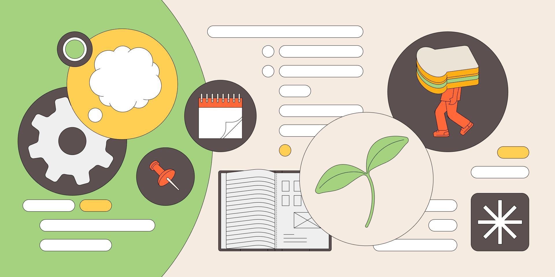 Remote work illustration, gears, a notebook, leaf and a sandwich with legs.