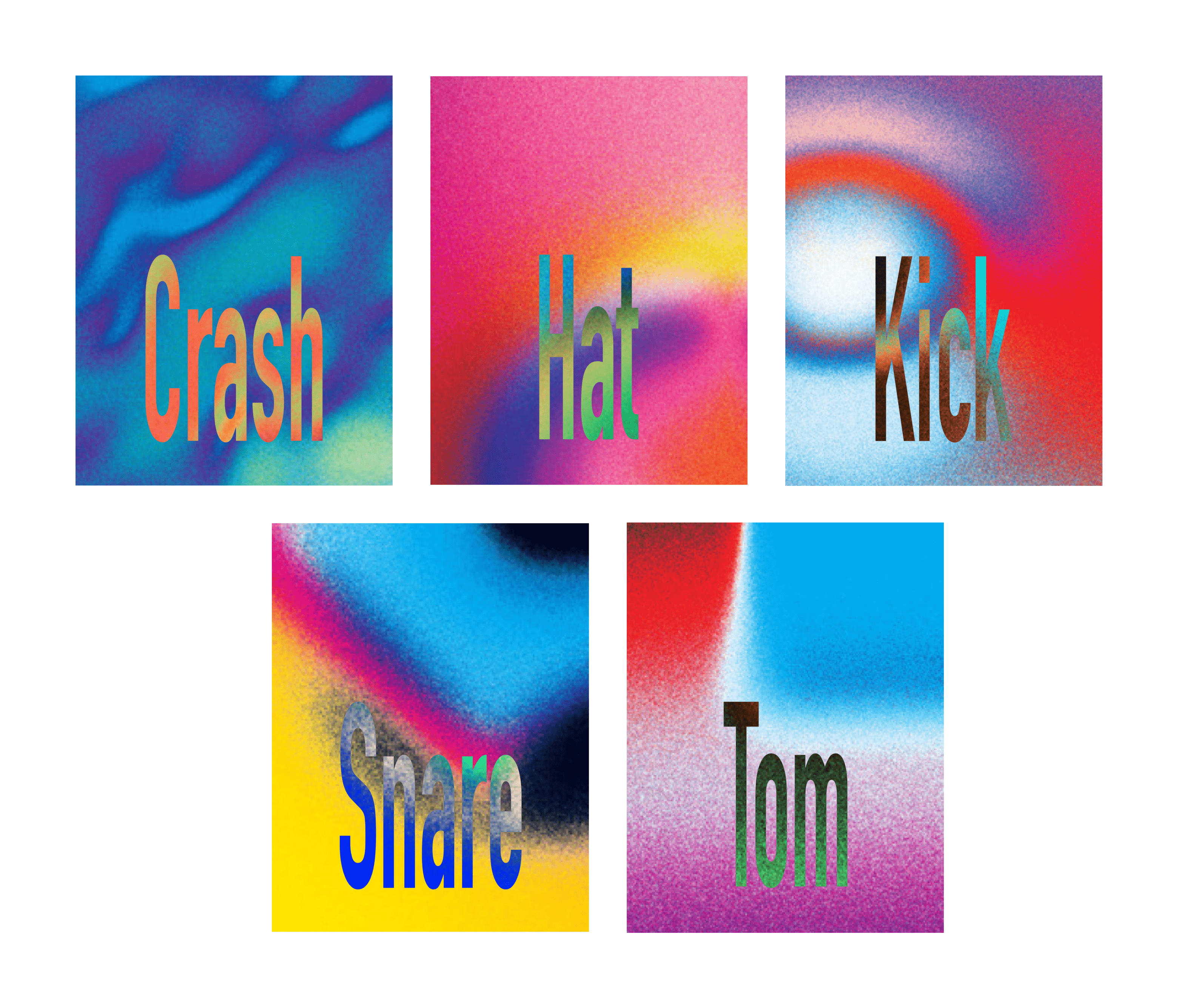 Graphic that shows neon depiction of "crash" "hat" "kick" "snare" "tom"