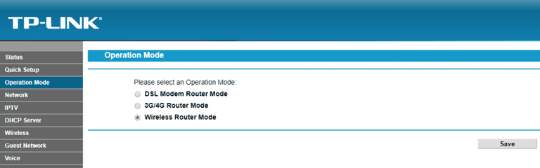 A screenshot of a TP-Link router's settings, in the "Operation Mode" panel