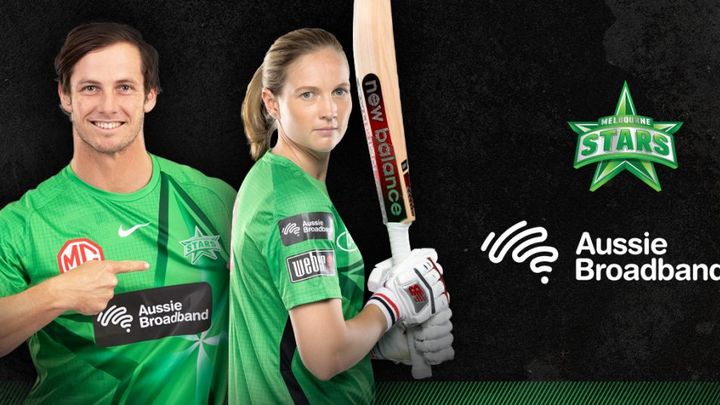 Two Melbourne Stars cricket players with the Melbourne Stars and Aussie Broadband logos