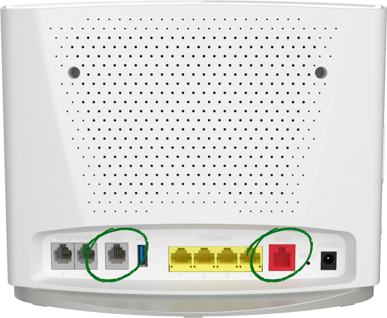 modem routers have both a EWAN/WAN/Internet port and a DSL port.