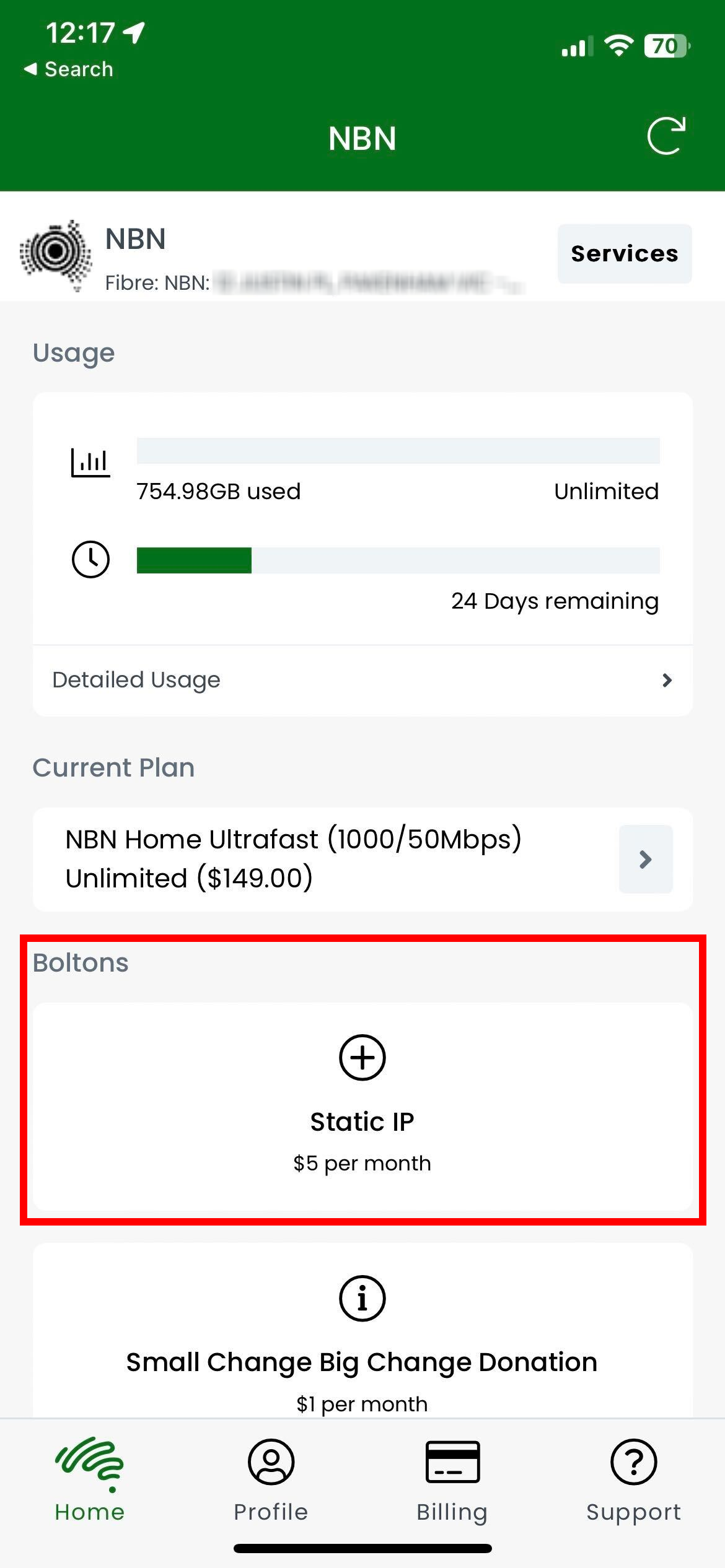Screenshot of the MyAussie app, with the details and options for an internet service displaying. There is a red box highlighting a button with a plus symbol that says "Static IP" and "$5 per month".
