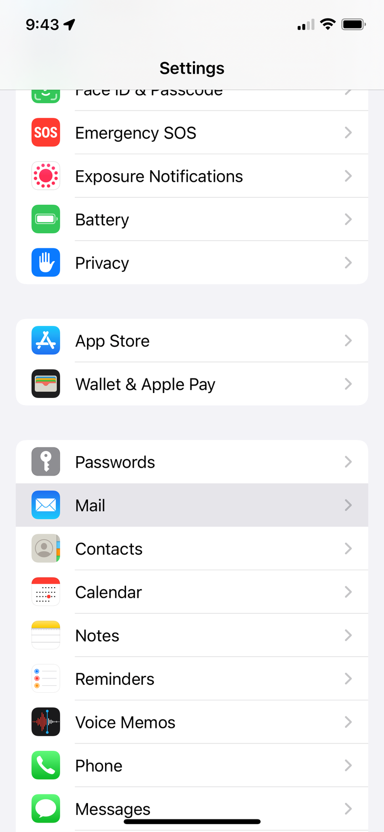 A screenshot of an iPhone Settings tab, with the "Mail" option selected.