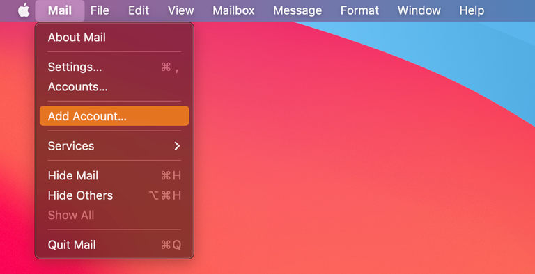 Screenshot of the menu bar on a Mac device in the Mail app, with a drop-down menu and 'Add Account...' highlighted