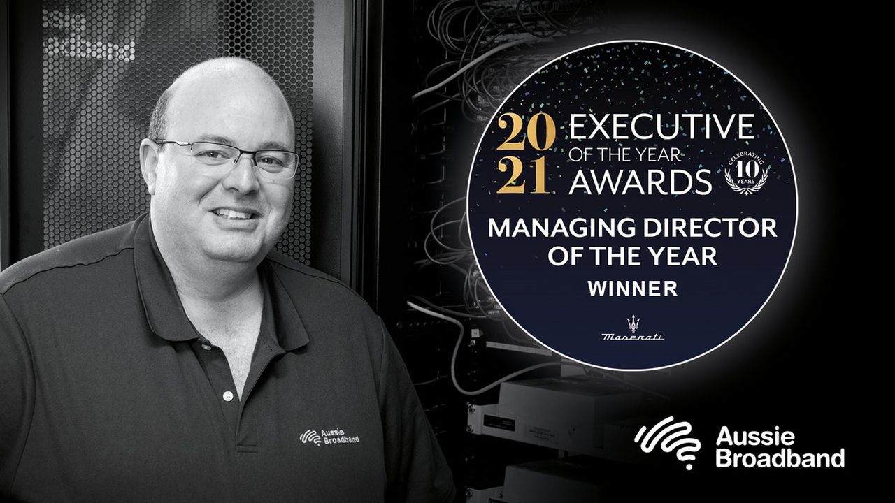 Aussie Broadband Managing Director Phillip Britt with his 2021 managing director of the year award