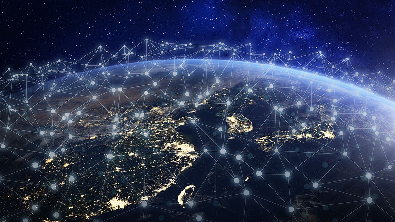 Photo of Earth in space with graphic to symbolise networking on top
