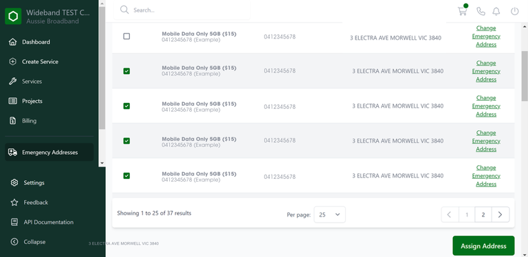 Image of selecting multiple addresses in the Emergency Addresses section of Carbon