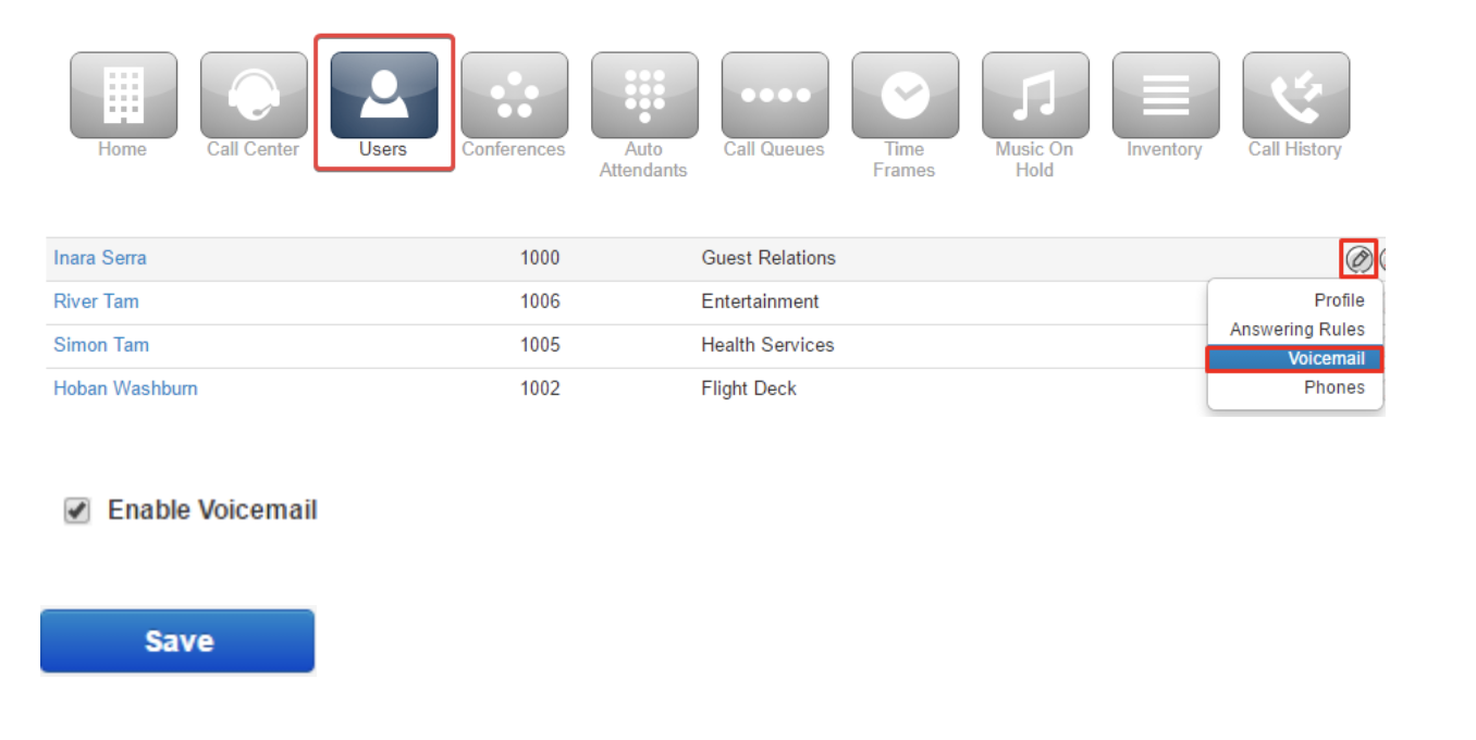 Voicemail – Enable Voicemail for a User 