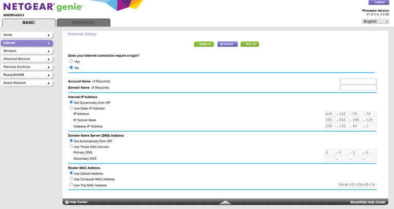 Settings for the setup of a Netgear