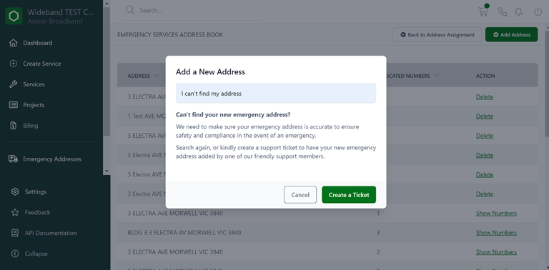 Image of being unable to add a new emergency address in Carbon