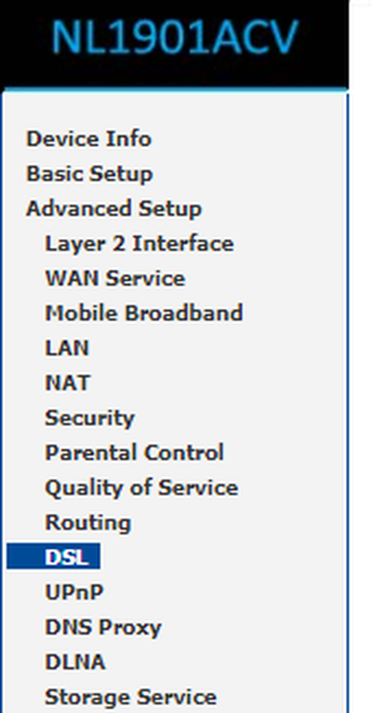 Image of the NL19ACV main menu with 'DSL' selected
