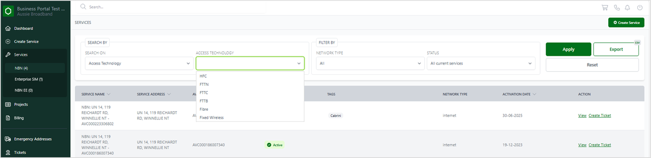 Screenshot of the Carbon portal displaying NBN TC4 services by connection technology type