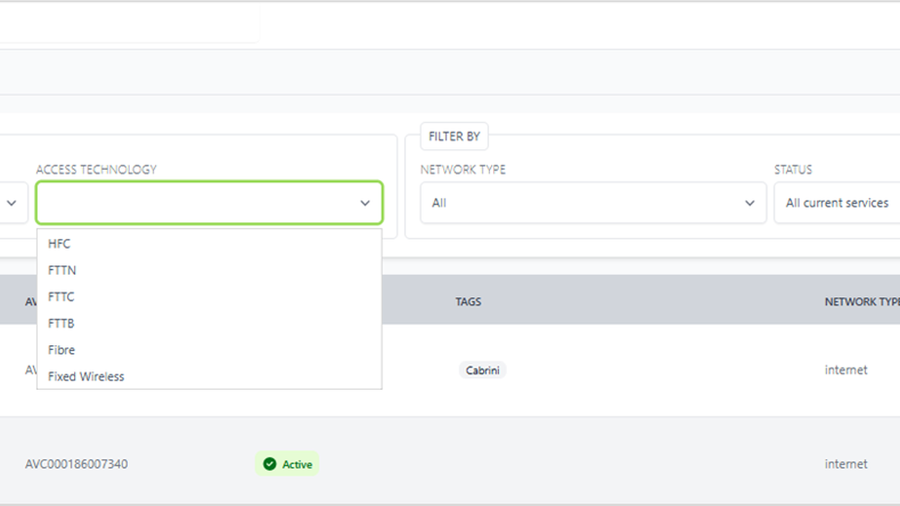 Screenshot of the Carbon portal displaying NBN TC4 services by connection technology type