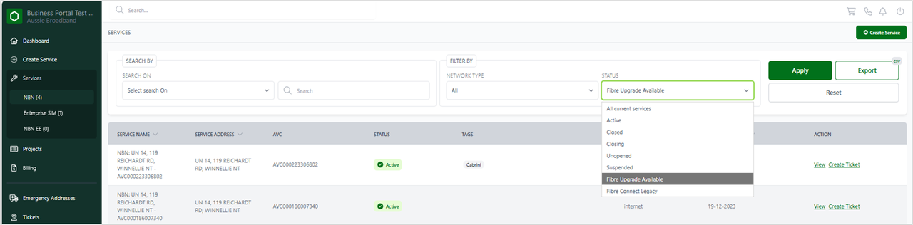 Screenshot of Carbon displaying NBN TC-4 services where a Fibre Upgrade is available.