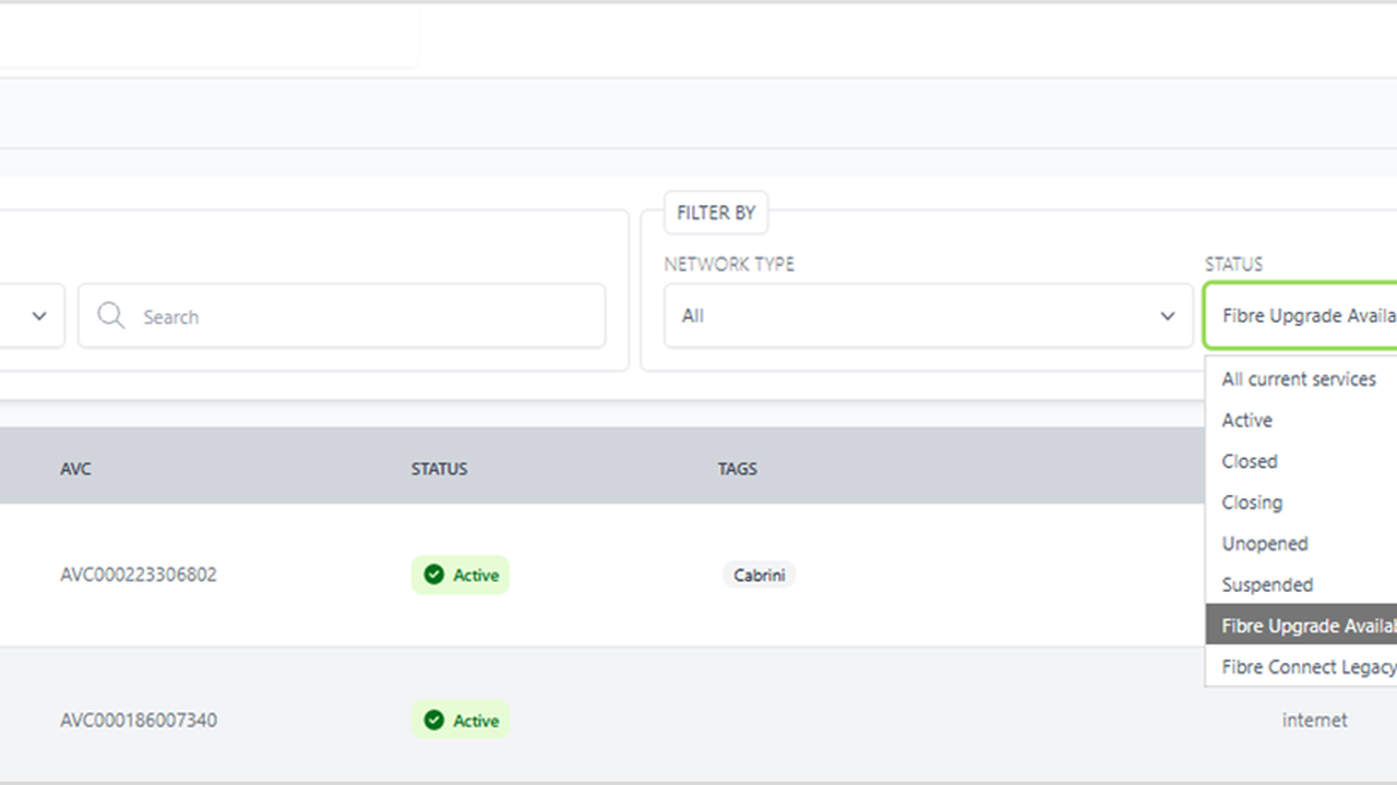 Screenshot of Carbon displaying NBN TC-4 services where a Fibre Upgrade is available.