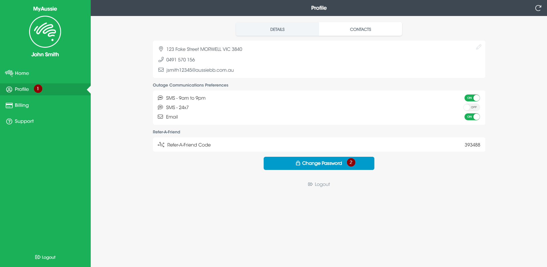 A screenshot of the "Profile" page on the MyAussie portal 