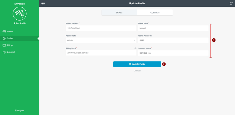 Screenshot showing the 'Contacts' section on the 'Profile' page in MyAussie