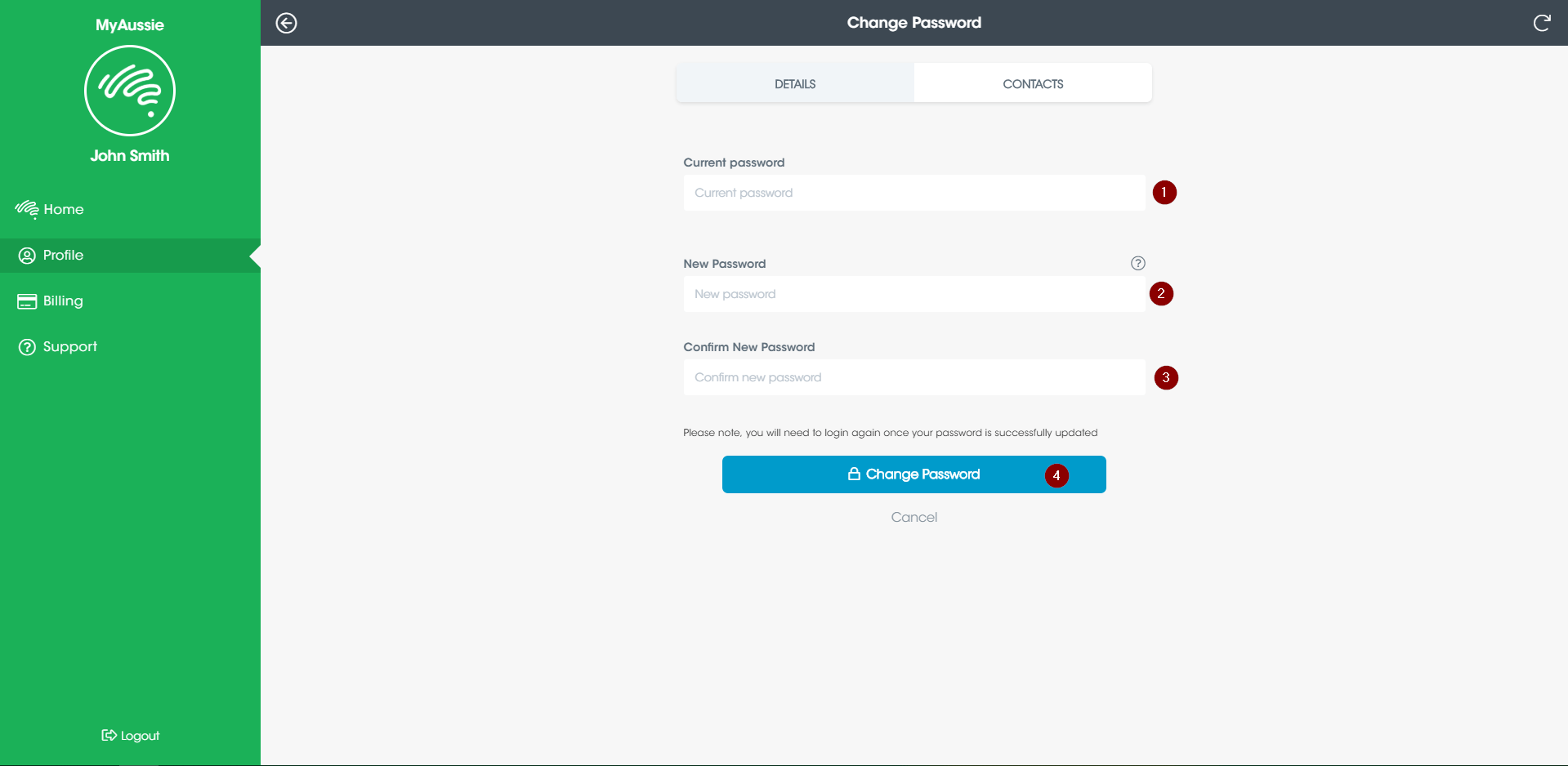 A screenshot of the "Change Password" page on the MyAussie portal.