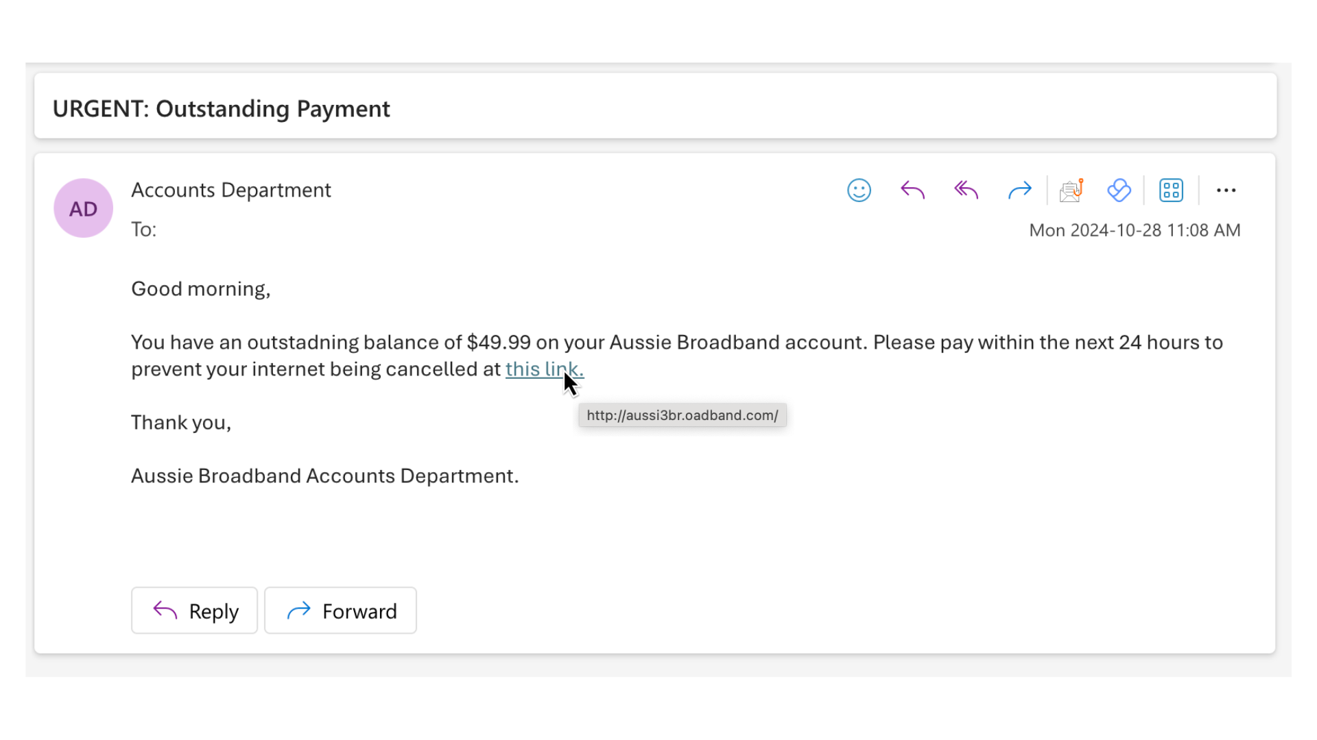A fake, mocked up scam email showing how users can see the URL of a hyperlinked word by hovering their mouse over it in order to check its legitimacy.
