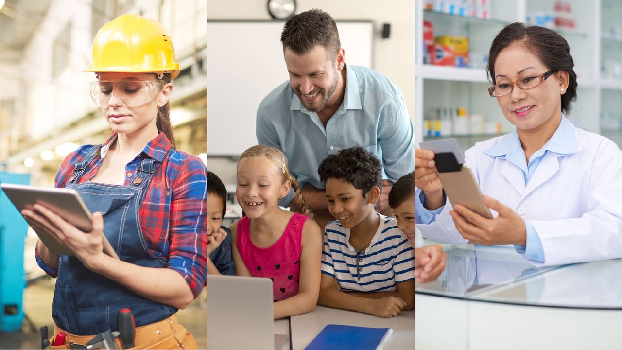 Three distinct images of people using connected devices. One person in a warehouse with a tablet, another a teacher in a classroom looking at a laptop with their students, the last one a medical professional using a point of sale device