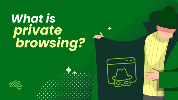 A cartoon graphic on a green background with text in the top left corner and a figure covering the right side. The text reads "What is private browsing?", and the figure is what appears to be a male in a hat and a trench coat, revealing what's inside the coat. His face is cover, suggesting he wants to hide is identity, and he is revealing under his coat a motif of a web browser with a hat and mask, signifying a private browser. The Aussie Broadband motif is also in the bottom left corner.