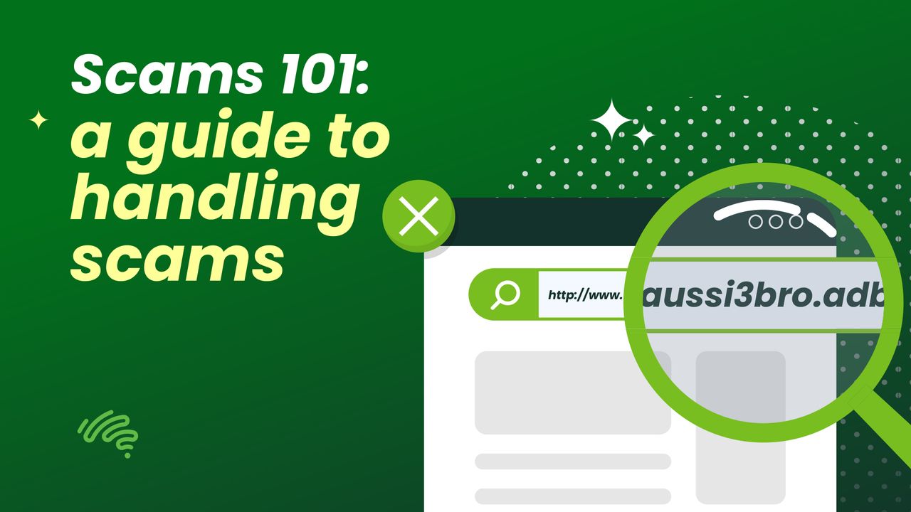 A cover photo for a blog, with text saying "Scams 101: a guide to handling scams" on the left, and a browser window with a magnifying glass over a URL field.