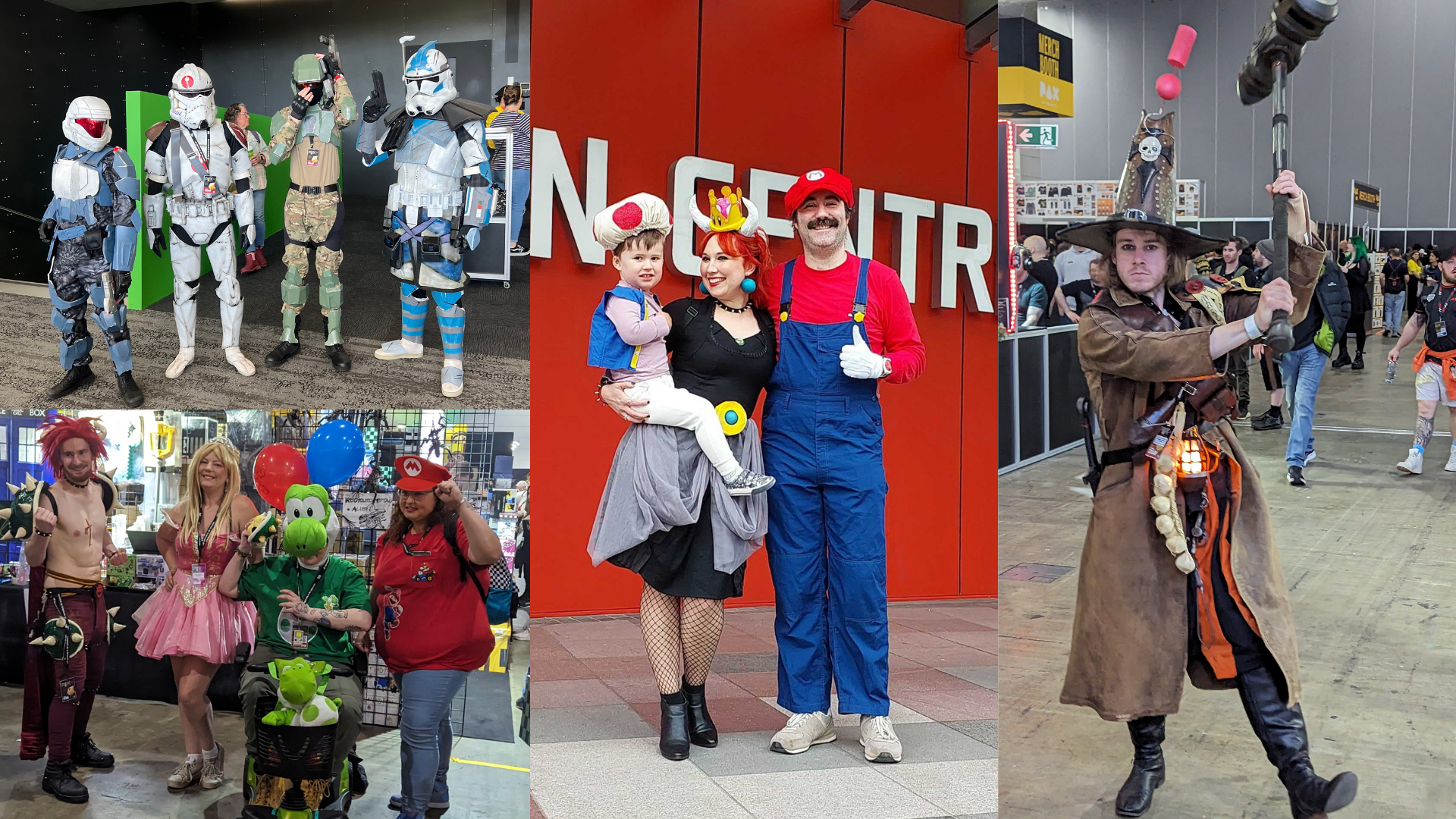 An image of four photos of different people wearing different costumes. The first in the top left corner is a photo of 4 people dressed in costumes from the game "Halo" and the movie "Star Wars". The bottom left corner is a photo of 4 people dressed as characters from "Super Mario Bros.", with the people (from left to right) dressing as characters Bowser, Princess Peach, Yoshi, and Mario. The middle photo is of a man, a woman, and a male child dressed as characters Mario, Bowsette, and Toad respectively from "Super Mario Bros." game. Finally, the right photo is of a person dressed as a wizard, with a pointy hat, brown trench coat, black boots, and an axe. He looks as if he is swinging the axe.