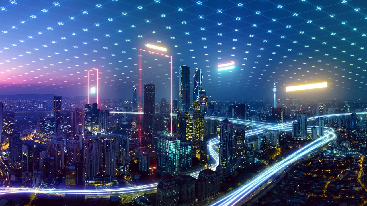 A lit up cityscape inside of a network