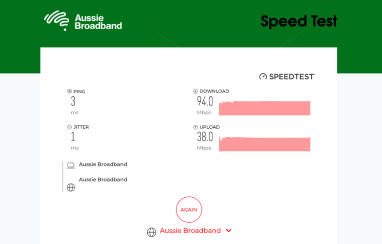 Internet speed test results showing 3 ms ping, 1 ms jitter, 94.0 Mbps download, and 38.0 Mbps upload from Aussie Broadband.