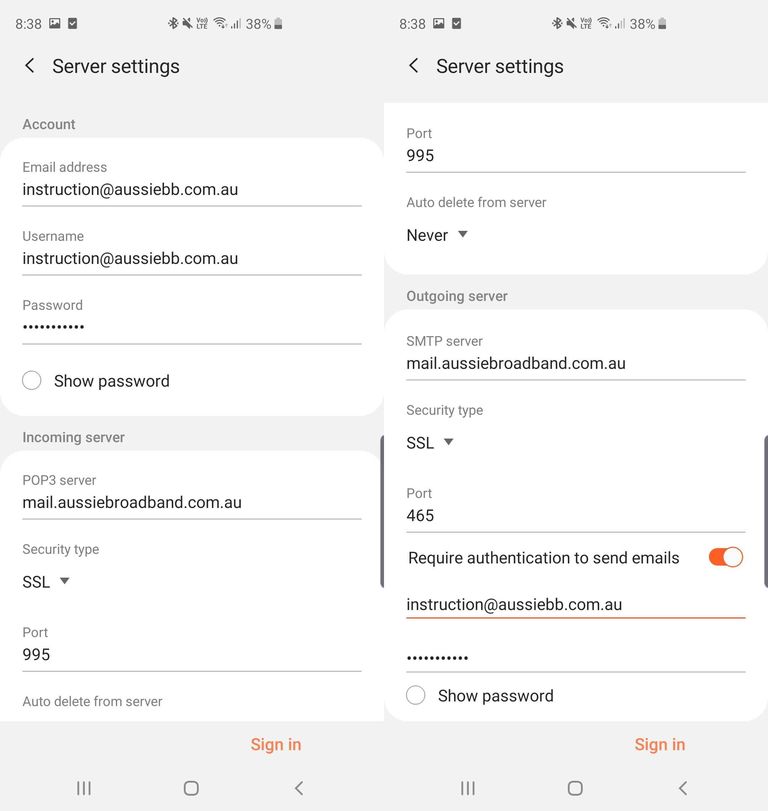Screenshot of the 'Server settings' page from the Mail app on an Android phone, with fields to enter an email address, username, password, incoming (POP3) server, security type, and port number.