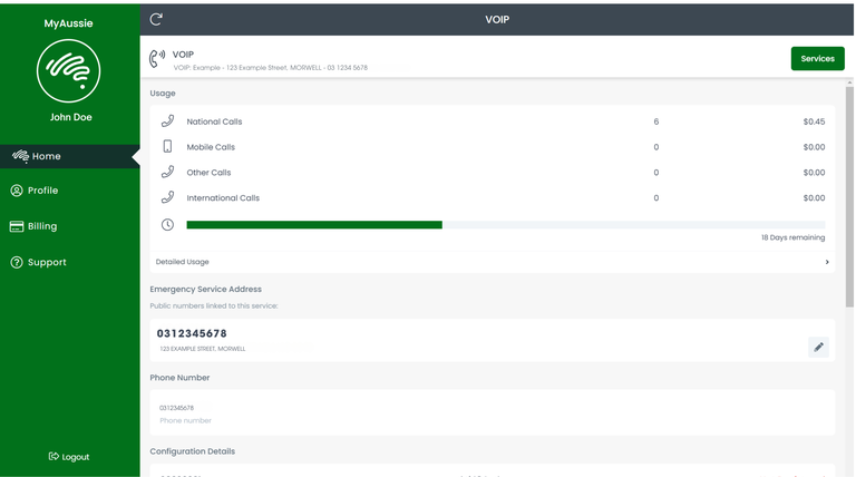 A picture of the VoIP service screen in the MyAussie portal