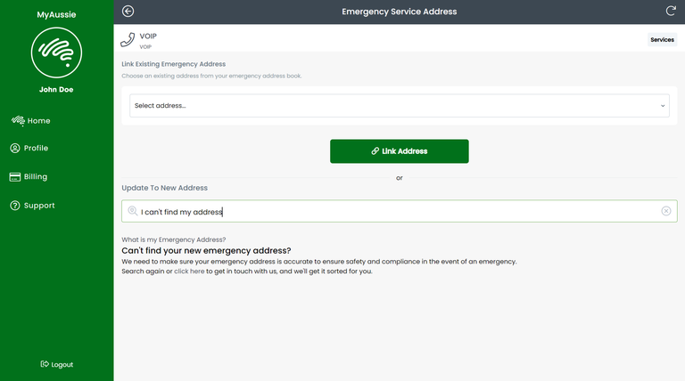 A picture showing what happens when an emergency address can't be found in the search bar in MyAussie