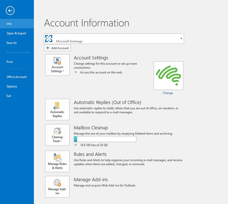 Screenshot of Outlook (Microsoft 365 version) displaying the 'Account Information' page, with the 'Info' tab selected.