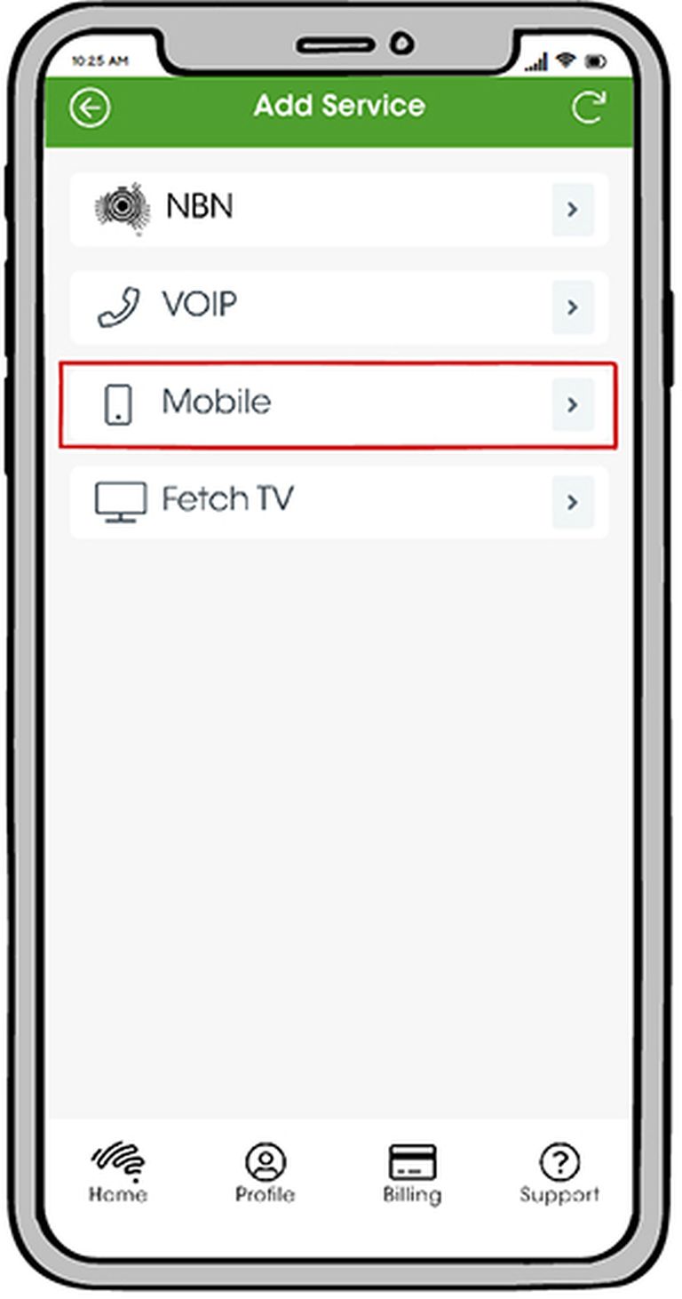 A screenshot of the My Aussie app in the "Add Service" section, with the "Mobile" button highlighted with a red rectangle
